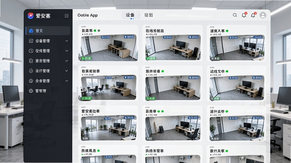 展示爱安塞APP的设备列表界面,左侧为侧边栏菜单,右侧多张监控设备卡片整齐排列,每张卡片显示设备名称、在线状态与缩略图,背景为浅灰色科技感办公室,突出多设备管理特性。