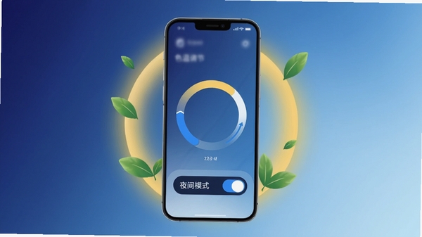 手机护眼主界面展示,背景为渐变的深蓝色到浅蓝色过渡,画面中央是一台智能手机,屏幕显示色温调节圆环和夜间模式开关,圆环上有蓝光过滤进度条,手机周围悬浮着柔和的暖黄色光晕和绿色叶子元素,突出护眼、健康、舒适的氛围,整体风格现代简洁,适合应用商店宣传图