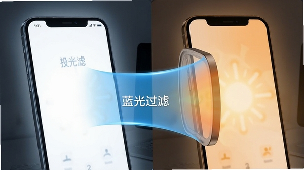 手机护眼蓝光过滤功能示意图,左侧背景为刺眼的白色冷光屏幕,右侧背景为柔和的暖橙色屏幕,中央有一道半透明的蓝色光线被弯曲的过滤器拦截并转化为暖色光,过滤器表面标有“蓝光过滤”字样,画面分屏对比,视觉冲击力强,色调一冷一暖,突出护眼效果