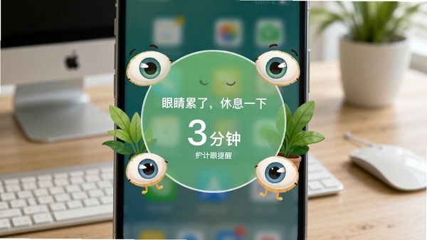 手机护眼疲劳提醒界面,手机屏幕中央弹出圆形提醒弹窗,显示“眼睛累了,休息一下”和倒计时3分钟,弹窗周围有眼睛卡通形象和绿色植物,背景为模糊的办公桌面,色调清新自然,强调健康用眼理念