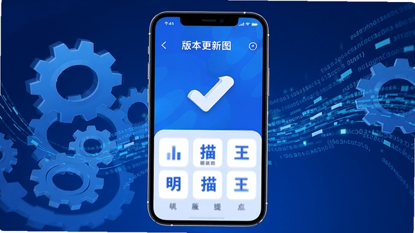 明快扫描王版本更新概念图,画面以手机界面为主体,背景有齿轮与数据流动的元素,配色以科技蓝为主,体现系统优化与性能提升