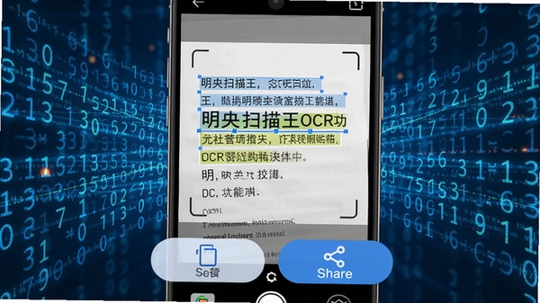 明快扫描王OCR功能演示,画面中手机屏幕显示扫描文档上的文字被高亮选中,下方悬浮复制与分享按钮,背景呈现数字字符流动效果,体现人工智能与科技感