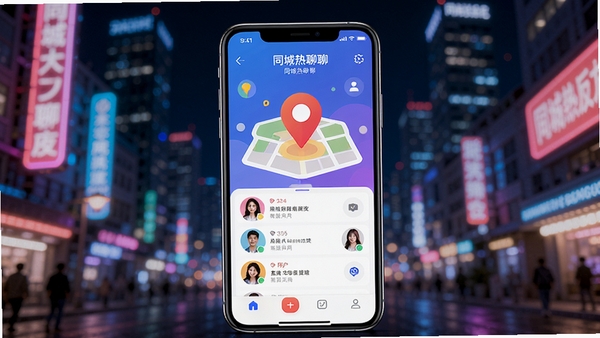 同城热聊APP主界面预览图,画面中央显示手机屏幕内正在运行的同城热聊应用,界面色彩明快,有地图定位图标和在线用户头像列表,背景为模糊的现代城市夜景,霓虹灯光点缀,整体风格时尚活泼,突出同城社交氛围,高清渲染,适合软件下载站头图展示
