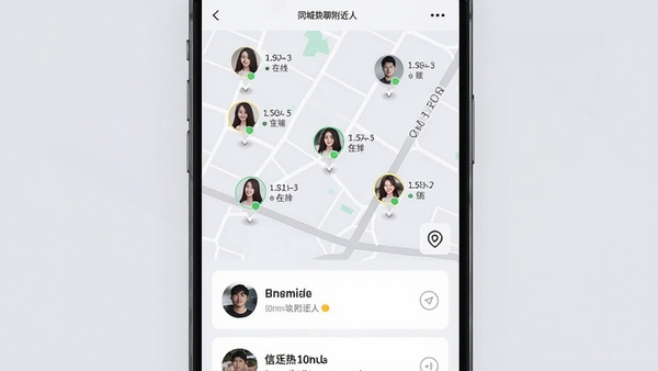 同城热聊附近的人功能页面截图,手机屏幕上展示地图模式下的用户头像分布,每个头像旁有距离和在线状态标识,画面下方是用户信息卡片列表,背景采用浅灰色调,突出界面简洁与定位精准,UI设计现代,便于用户理解同城匹配逻辑
