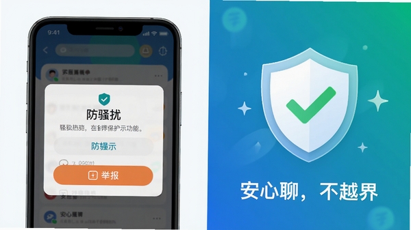 同城热聊聊天安全功能示意图,画面分为两部分,左侧为手机界面显示防骚扰提示弹窗和举报按钮,右侧为盾牌图标与绿色对勾,背景采用蓝绿色渐变,象征安全与信任,配文“安心聊,不越界”,整体风格简约科技感,清楚传达隐私保护核心卖点