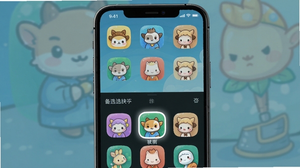 ��Ұ����ͼ���滻���ܲ������棬�ֻ���Ļ�ϰ벿����ʾһ�龫���Ŀ�ͨ���Ӧ��ͼ�꣬�°벿��Ϊ��ѡͼ���б���ɫ�ʷḻ��������ʾ��ǰѡ�е�ͼ�꣬ģ����ʵ�������������������в��