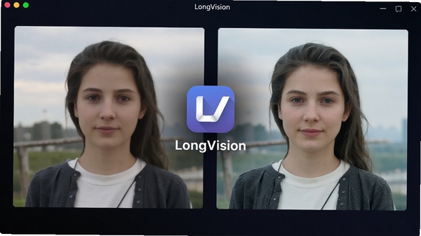 LongVision主界面预览图,展示图像增强功能,左侧为原图,右侧为处理后的高清图像,背景为深色渐变,突出图片对比效果,画面中心显示LongVision软件名称与图标,整体风格现代简洁,适配Boogu模型生成