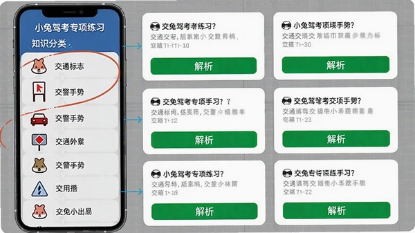 小兔驾考专项练习页面,手机竖屏展示,左侧是知识点分类列表如交通标志、交警手势等,右侧展开对应的练习题卡片,卡片下方有绿色的解析按钮,背景有淡淡的网格状辅助线,体现细致分类教学的特点