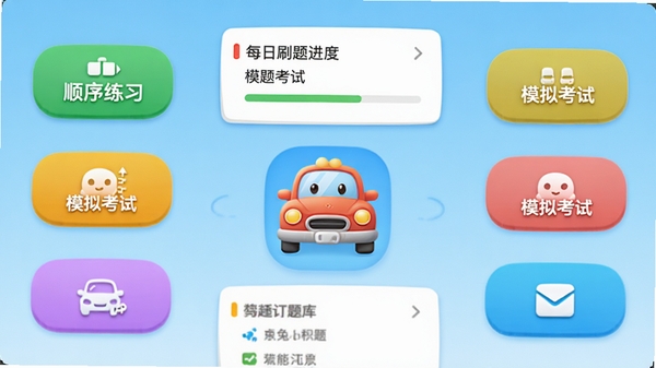 小兔驾考app打开后的主界面截图风格,展示清爽的题库列表与每日刷题进度卡片,背景为淡蓝色渐变,中央一辆卡通小汽车图标,四周环绕着“顺序练习”、“模拟考试”等彩色功能按钮,整体画面明亮活泼突出教育属性