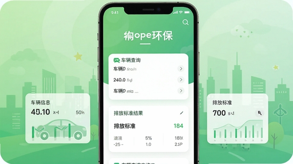 车辆环保登记软件界面概览,手机屏幕展示车辆信息查询主页与排放标准结果,背景为简约的绿色渐变与城市剪影,画面主体突出APP名称与数据卡片,整体风格清爽明亮,适配Boogu模型生成。