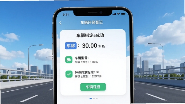 车辆环保登记APP车辆绑定成功页面,展示车牌号、车辆型号与环保排放标准,背景为蓝天白云下的城市道路,界面UI设计现代扁平化,突出车辆档案卡片,画面干净整洁。