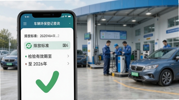 车辆环保登记查询结果示意图,手机屏幕显示排放标准为国六,检验有效期至2026年,页面配有绿色对勾图标,背景为车辆检测站场景,突出数据准确性与权威感。