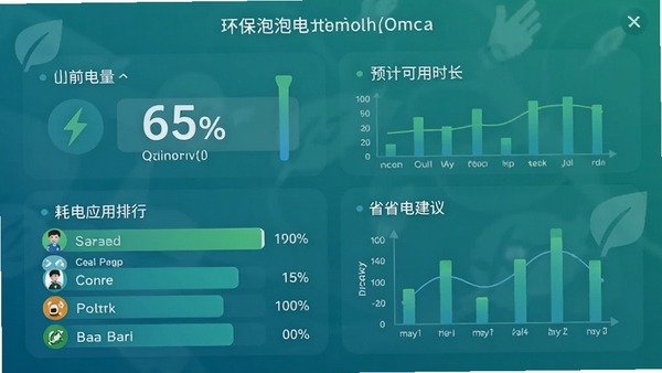 环保泡泡电池优化界面模拟,展示当前电量百分比与预计可用时长,下方列出耗电应用排行及省电建议,图表化设计直观清晰,整体色调以蓝绿色为主,传递节能环保理念。