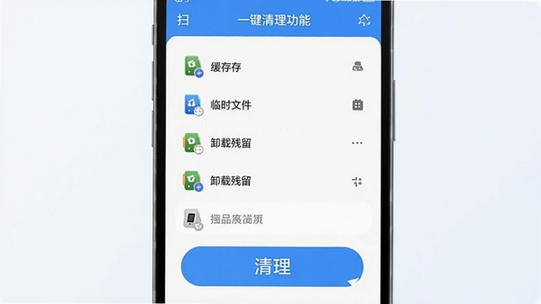 环保泡泡一键清理功能演示,手机屏幕显示扫描到的各类垃圾文件列表,包含缓存、临时文件、卸载残留等分类,清理按钮醒目,背景为干净的纯色,突出软件的操作流畅性与智能识别能力。