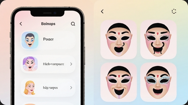 与面app主界面预览图,手机屏幕显示功能菜单和几个趣味变脸模板,背景为浅色渐变,界面简洁明亮,图标圆润,整体风格活泼时尚