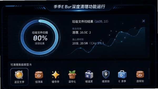 温豆季E-Bar深度清理功能运行图,界面显示垃圾文件扫描结果,以环形进度条展示清理百分比,下方列出可清理的缓存类型图标,背景为深色科技感风格,突出高效优化能力。