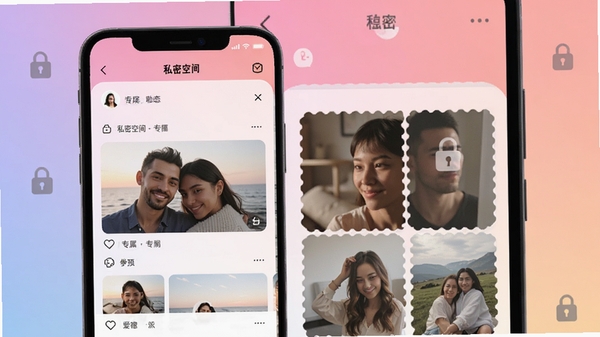 对爱APP的私密空间界面预览图,手机屏幕上显示只有两个人的专属动态墙与相册,设计风格干净整洁,背景为淡雅的渐变色彩,配有锁形图标表示加密状态,整体体现安全私密的应用特性