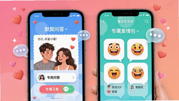 对爱APP互动功能展示图,手机界面展示情侣间的默契问答小游戏和专属表情包,画面色彩明快活泼,有爱心和气泡元素点缀,展现软件丰富有趣的互动玩法