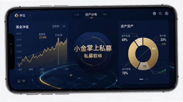 小金掌上私募软件主界面,展示基金净值曲线与资产分布,深蓝背景,金色数据高亮,商务科技感,屏幕中央显示APP名称,整体风格专业清晰