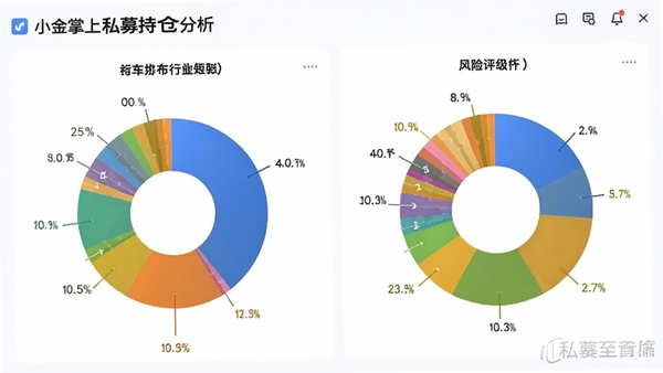 小金掌上私募持仓分析饼图与风险矩阵,展示行业分布与风险评级,色彩区分明显,界面现代简洁,软件水印置于右下角