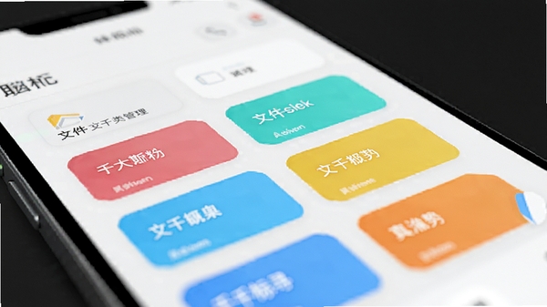 千千标寻软件主界面预览图,展示文件标签分类管理功能,中间显示彩色标签卡片,背景为浅色手机桌面,整体风格简洁明亮,高清渲染,纵深感强,适配Boogu模型生成