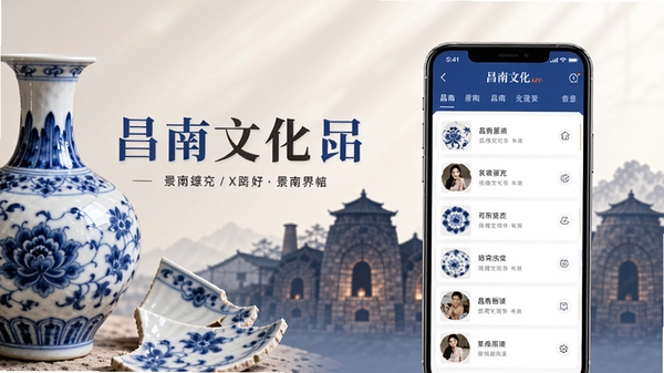 以昌南文化APP界面为主体的宣传海报,画面左侧是青花瓷瓶与瓷片纹理,右侧是手机屏幕展示软件内容列表,背景为景德镇古窑建筑剪影,色调以青蓝与米白为主,构图平衡,光线柔和,突出文化底蕴与现代科技结合感。