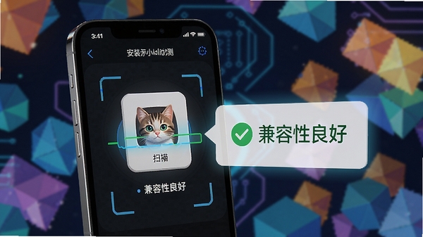 小猫助装兼容性检测功能示意图,手机屏幕显示应用安装包正在被扫描,旁边弹出“兼容性良好”提示,背景为彩色几何图形,整体风格科技感十足。