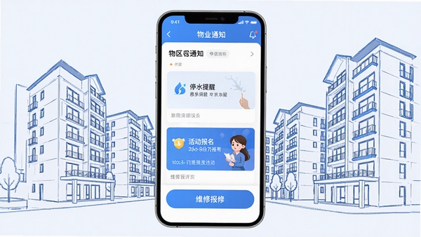 ������App��������ҳ��չʾ���������ֻ�������ʾ��ҵ֪ͨ�б�������ͣˮ���ѡ��������Ƭ���·���ά�ޱ��ް�ť������Ϊ�ִ���Լ����¥���߸壬��ɫ���ɾ�רҵ