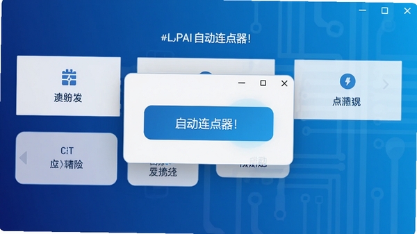 自动连点器!主界面截图,展示简洁的功能布局和醒目的悬浮窗启动按钮,背景为渐变的科技蓝,整体风格现代且干净,突出软件易用性和专业性。