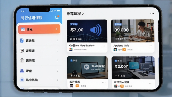 չʾ�����ŵ�APP���棬���Ϊ�γ̷����б����Ҳ�Ϊ�Ƽ��γ̿�Ƭ������ģ����ʵ�ֻ���Ļ��ɫ��������UI����ִ���Լ��ͻ�������Ƽ���ḻ�γ���Դ��
