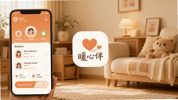 暖心伴应用主界面预览图,展示温馨的配色和功能布局,画面中央显示暖心伴logo,背景为柔和的家居环境,整体风格明亮温暖,适配Boogu模型生成