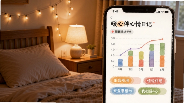 暖心伴心情日记界面,显示情绪统计图表和彩色标签,背景为安静的卧室一角,暖色调灯光,营造温馨记录氛围
