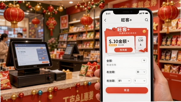 ����+ Ӫ����������棬�ֻ���Ļ��ʾ�Ż�ȯģ��༭ҳ�棬�н���Ч�ڵ�ѡ����������ֵ�ʵ���������̨�����н���װ�Σ�ɫ�ʻ��ã����ִ�����Χ��