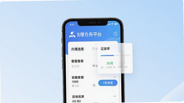 流量卡办理方舟平台的主界面预览图,手机屏幕中展示套餐列表与办理进度卡片,背景为浅蓝色渐变,整体风格干净明亮,突出应用核心功能,符合商用应用商店宣传图风格。