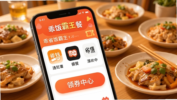 �Է�������������չʾ��һ���ֻ���Ļ��ʾ���Է������͡�APP���棬�������ж������ƽ̨ͼ��͡���ȯ���ġ���Ŀ��ť������Ϊůɫ��������ʳ������������������������ͻ����ʡǮ�����������Ĺ��ܣ�����������ִ����ʺ�Ӧ���̵�����ͼ
