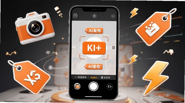 展示kuku卖应用内极速发布功能的界面截图风格图片,画面中央是一部放大的手机,屏幕上显示拍照取景框和AI识别标签,周围环绕着相机、价格标签和闪电图标,寓意快速发布,主色调为活力的橙色与白色