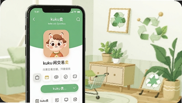创作一幅展示kuku卖应用核心场景的现代插画,画面主体是智能手机屏幕中显示的kuku卖交易界面,背景融合了整洁的房间角落与循环利用的绿色生态元素,整体风格明亮清新,突出闲置物品轻松交易的氛围