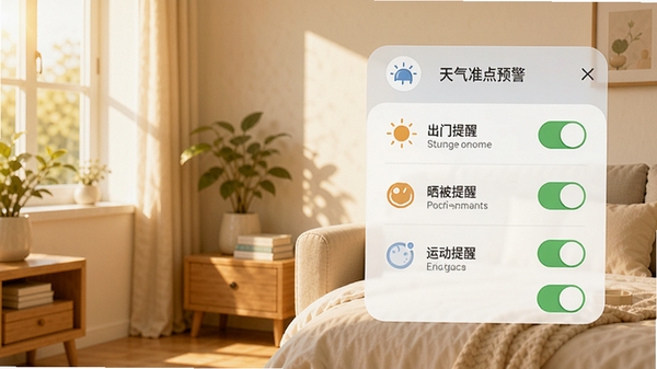 天气准点预警的场景提醒设置界面,展示出门提醒、晒被提醒、运动提醒等开关项,背景为整洁的家居环境一角,阳光洒入,风格温馨明亮,搭配图标元素,突出个性化服务