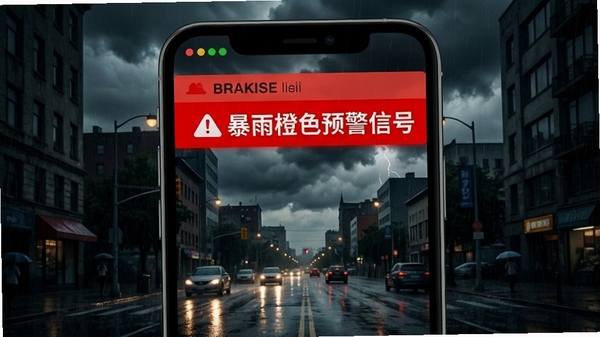 天气准点预警的灾害预警通知界面,手机屏幕顶部显示红色预警横幅,内容为暴雨橙色预警信号,背景为乌云密布的城市街道,风格写实,色彩对比强烈,突出预警的紧迫感和重要性