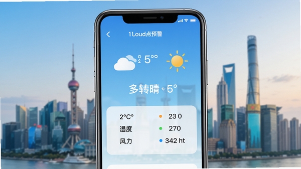 天气准点预警软件主界面展示,手机屏幕内显示多云转晴的天气信息,温度、湿度、风力等数据清晰,背景为城市天际线,色彩明亮清新,整体风格现代简洁,突出软件核心功能,高清应用截图风格
