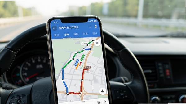 展示顺风车主出行助手应用的路线规划界面,手机屏幕上有清晰的多点路线,不同颜色线条区分通畅和拥堵路段,背景为驾驶室视角看向前挡风玻璃,包含方向盘一角,画面写实,光线自然,风格简洁明了,比例16:9