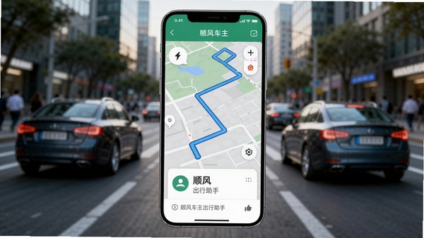 一个智能手机屏幕占据画面中心,屏幕上清晰显示顺风车主出行助手的应用界面,界面中有地图路线和车主信息卡片,背景是模糊的城市街道和行驶中的汽车,整体风格明亮写实,突出软件实用性和科技感,画面比例为16:9