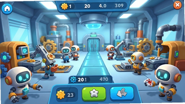 Machine Party ��Ϸ�������ͼ��չʾ��е����ȫ��������Ϊ�����ƻ÷��ĳ��䣬ǰ���ж����Ȥ��е��ɫ��æµ����������������ʾ��Դ�����뽨�찴ť��ɫ�����ޣ�ϸ�ڷḻ������3D��ͨ��Ⱦ��������Χ������죬�ʺ���Ϊ��Ϸ����ͼ