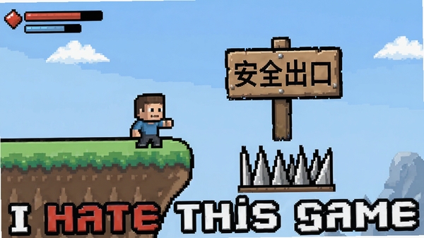 游戏内截图,一个像素小人站在悬崖边,面前有一个写着