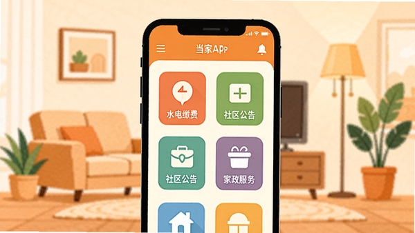 创作一幅现代智能家居生活场景的扁平化插画,画面中央是一部放大展示的智能手机,屏幕中显示当家APP的主界面,包含水电缴费、社区公告、家政服务等彩色功能图标,背景是温馨的家庭客厅轮廓,有沙发、绿植和柔和的灯光,整体色调以暖橙色和米白色为主,突出便捷与亲切感,画面干净整洁,无文字。