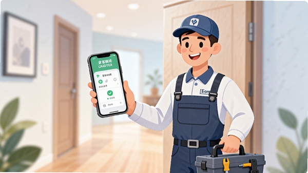 一幅表现当家APP家政服务预约场景的插画,一位穿着整洁工作服的维修师傅正微笑着站在门口,手里提着工具箱,手机屏幕上显示服务确认订单界面,周围是干净的室内走廊,色调清新淡雅,突出专业与安心。
