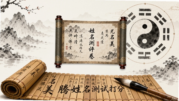 创作一幅以中国古典水墨风格为主的海报,前景是展开的竹简与毛笔,竹简上隐约可见“美名腾姓名测试打分”字样,背景为淡雅山水与阴阳八卦图,整体色调素净,传达出传统文化与现代科技结合的氛围,画面中央留白处放置一个古风姓名测评卷轴,细节丰富,适合作为应用介绍主视觉。