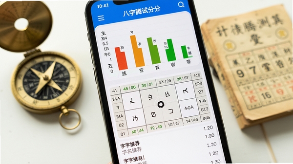 手机屏幕特写显示美名腾姓名测试打分的八字分析界面,界面上方是清晰的五行统计柱状图,中间为八字排盘表格,下方滚动着用字推荐列表,背景虚化的书桌上摆放着罗盘与老黄历,画面明亮,重点突出APP界面的数据可视化效果。