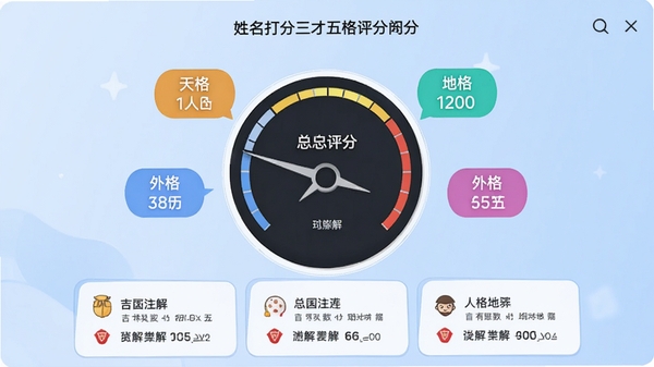 展示美名腾姓名测试打分三才五格评分界面的截图风格图片,中间是一个大型的圆形分数仪表盘,周围环绕五个彩色标签分别标注天格、人格、地格、外格、总格及对应分数,下方用卡片式布局列出各项吉凶注解,背景为淡蓝色渐变,整体风格清爽现代。