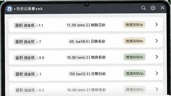 测亩仪+历史记录列表界面,展示多条测量数据,包含面积、日期与地块名称标签,背景为简洁的白色卡片设计